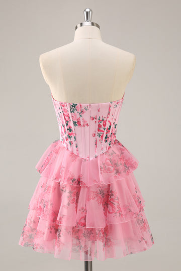 A-Line Cowl Neck Sweetheart Corset Tiered Pink Flower Short Homecoming Dress
